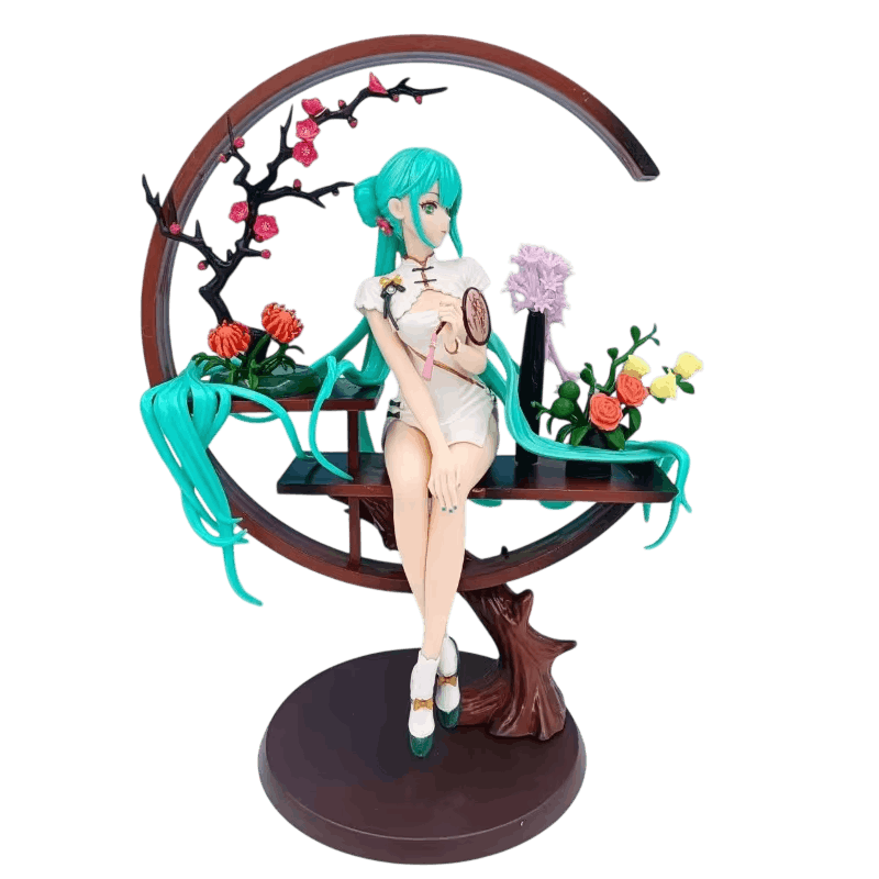 Figurine Hatsune Miku en qipao Vocaloid - trois quarts et socle fleuri