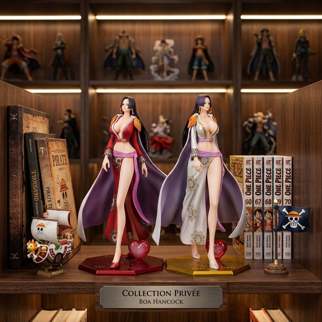 Figurines Boa Hancock tenues rouge et blanche exposées côte à côte sur une étagère One Piece