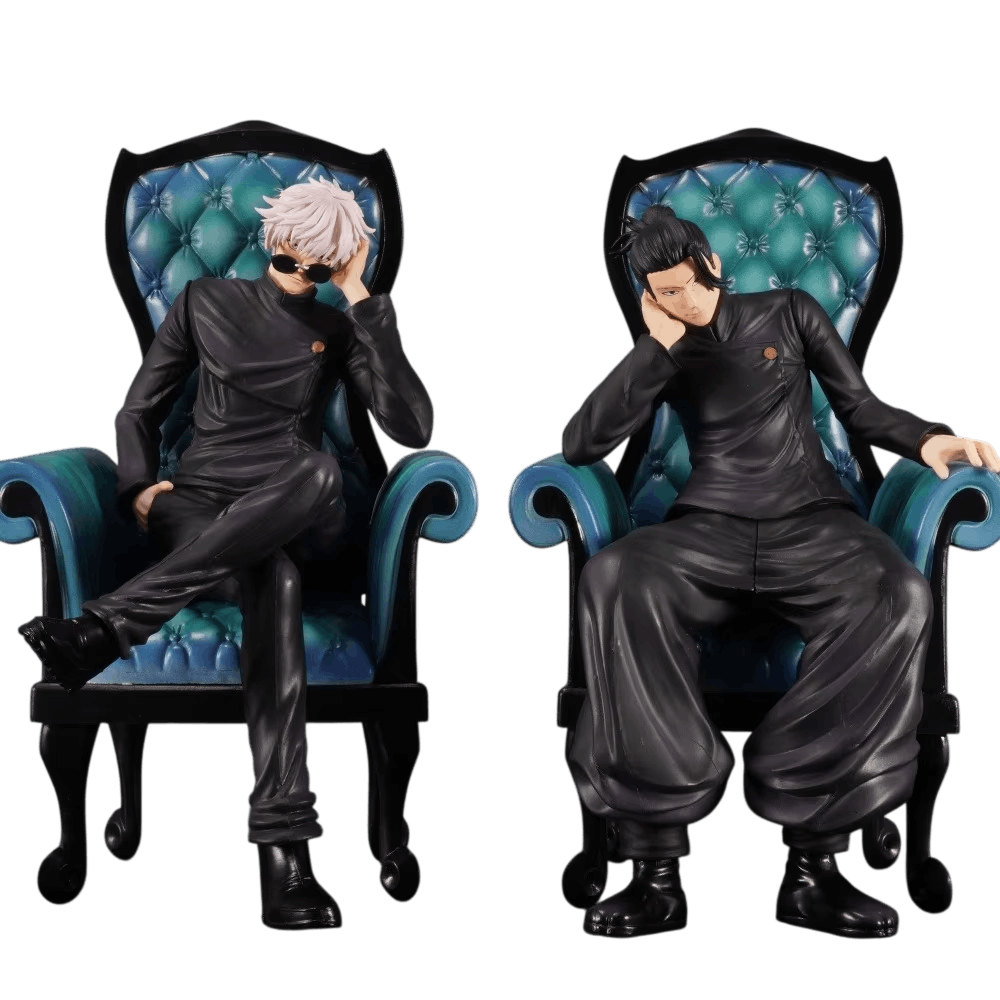 Figurines Gojo et Geto sur trône Jujutsu Kaisen côte à côte