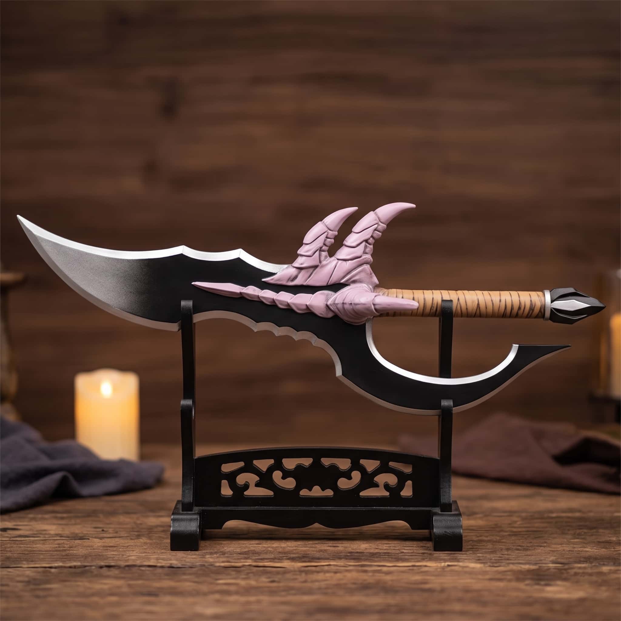Réplique de hache de Solo Leveling, 66 cm, double lame noire à tranchant argenté ornée de griffes mauves et manche imitation rotin, posée sur un présentoir noir