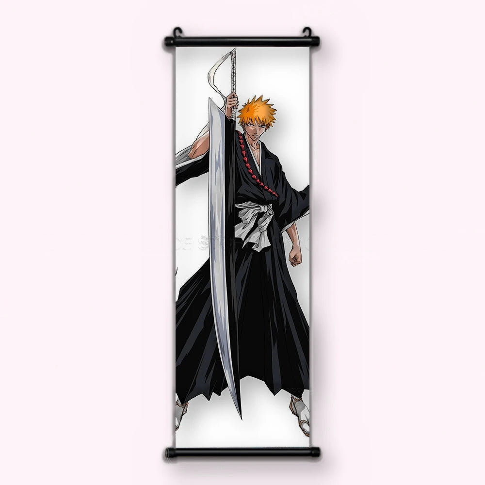 Ichigo en kimono noir tenant un immense sabre-couperet argenté sur fond blanc, kakémono vu de face