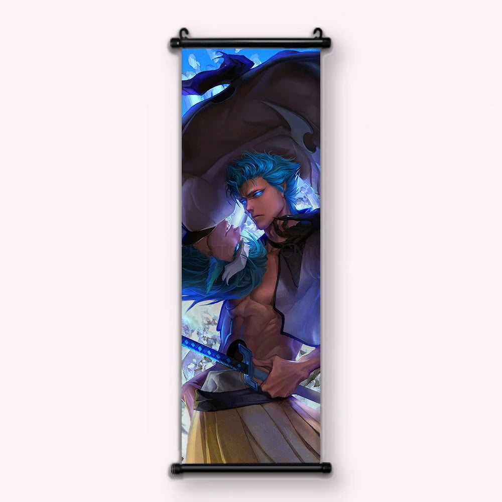 personnage aux cheveux bleus, veste blanche ouverte, katana à garde bleue, créature sombre derrière, kakémono vu de face