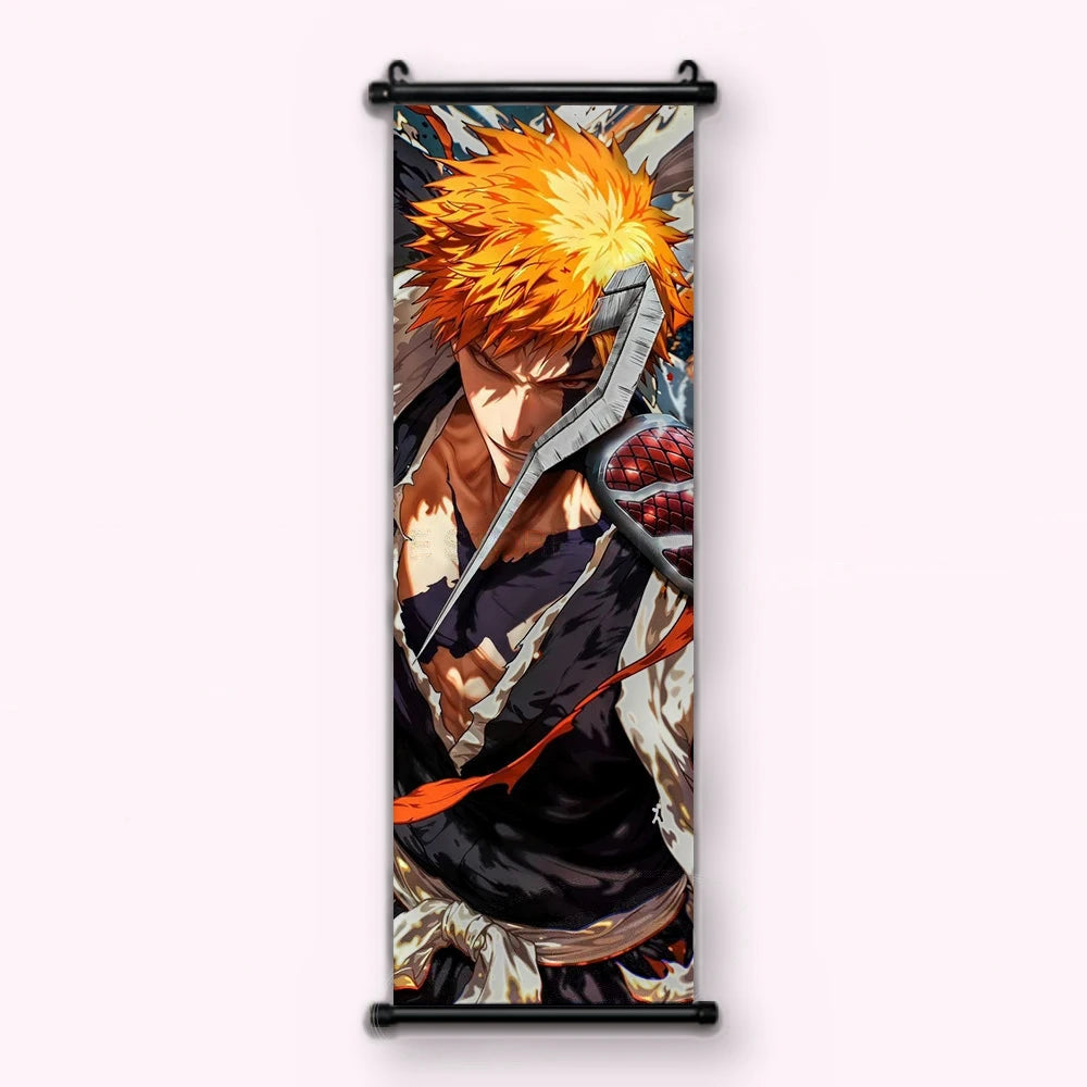 Ichigo tenant une longue lame à motif rouge, haori blanc déchiré, tons orangés, kakémono vu de face