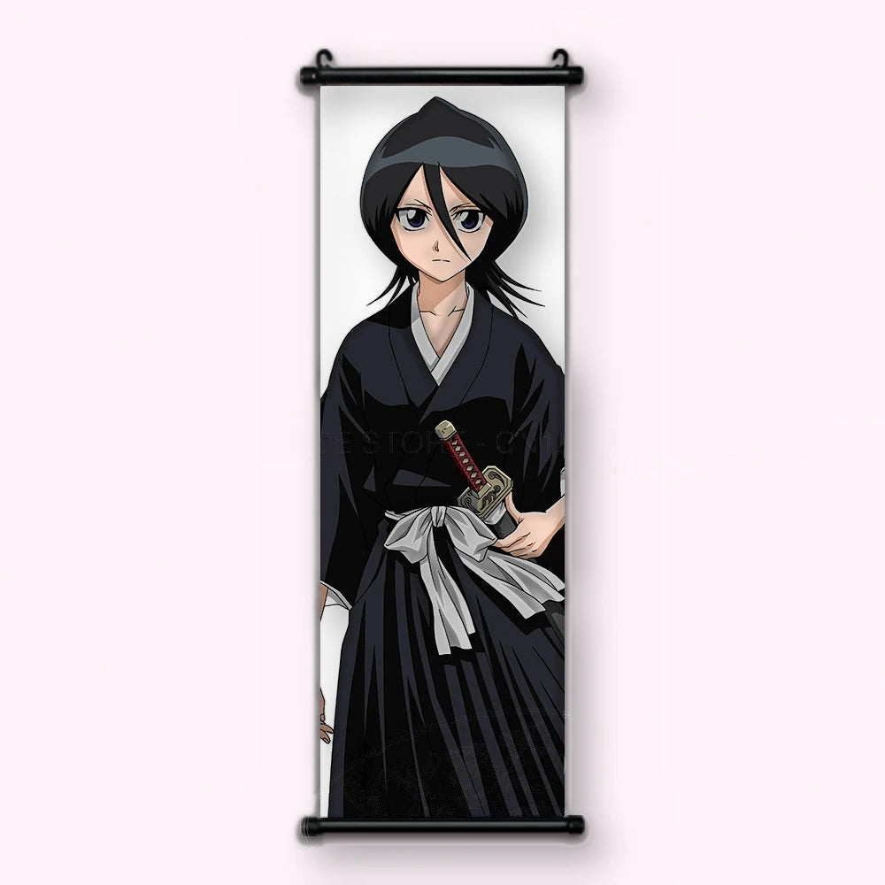 jeune femme aux cheveux noirs courts, kimono noir, obi blanc, katana à la ceinture, kakémono vu de face