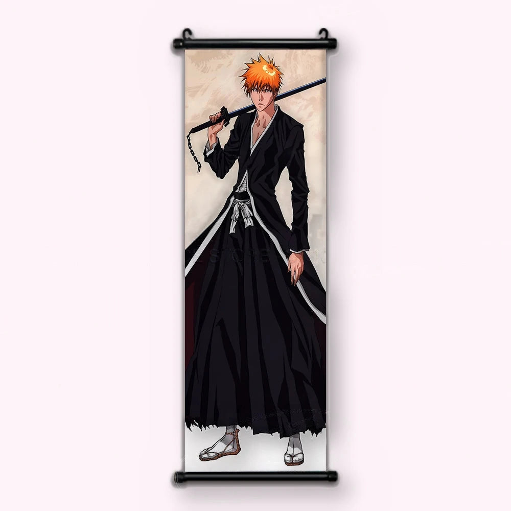 Ichigo en kimono noir avec un grand sabre à chaîne posé sur l'épaule, kakémono vu de face