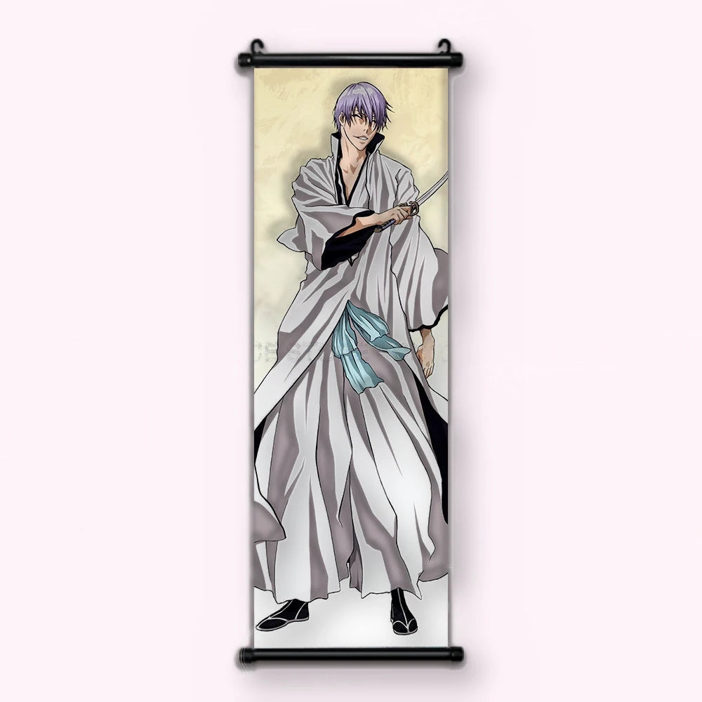 personnage debout en kimono blanc, hakama large, écharpe bleue et sabre court dégainé, kakémono vu de face