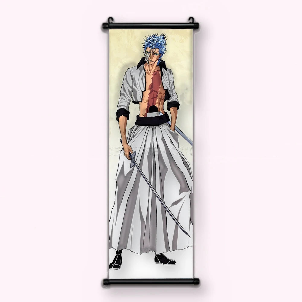 combattant aux cheveux bleus hérissés, veste blanche ouverte, hakama blanc, katana pointé vers le bas, kakémono vu de face