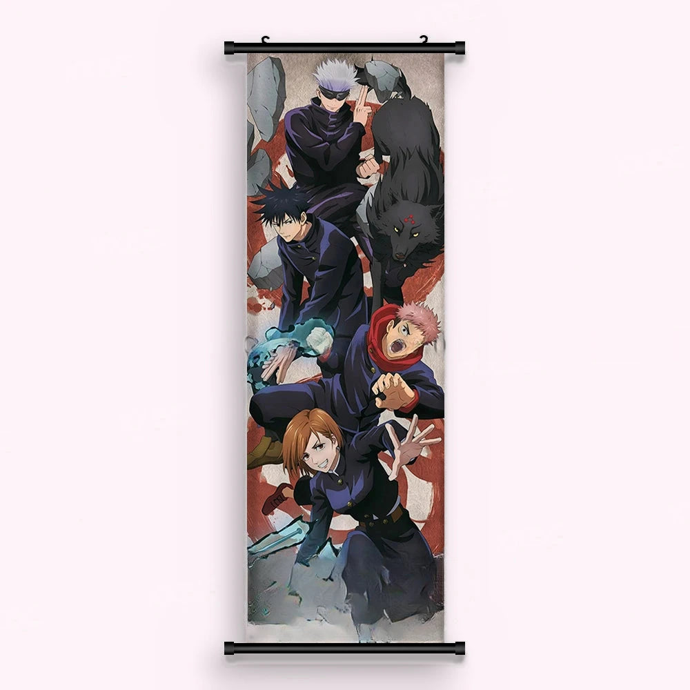 Kakémono Jujutsu Kaisen Gojo, Megumi, Yuji et Nobara réunis avec un loup d'ombre, vu de face : toile imprimée tendue entre ses deux baguettes de bois, cordon de suspension fourni