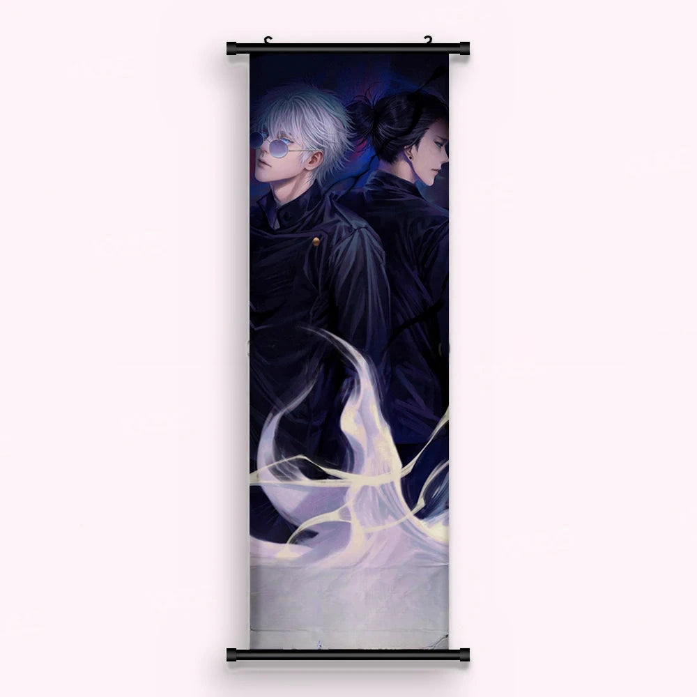 Kakémono Jujutsu Kaisen Satoru Gojo et Suguru Geto dos à dos dans la nuit, vu de face : toile imprimée tendue entre ses deux baguettes de bois, cordon de suspension fourni