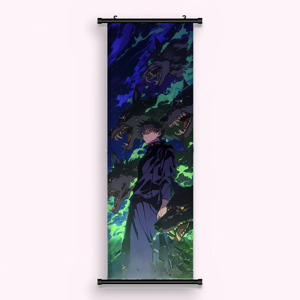 Kakémono Jujutsu Kaisen Megumi Fushiguro entouré de ses loups d'ombre, vu de face : toile imprimée tendue entre ses deux baguettes de bois, cordon de suspension fourni