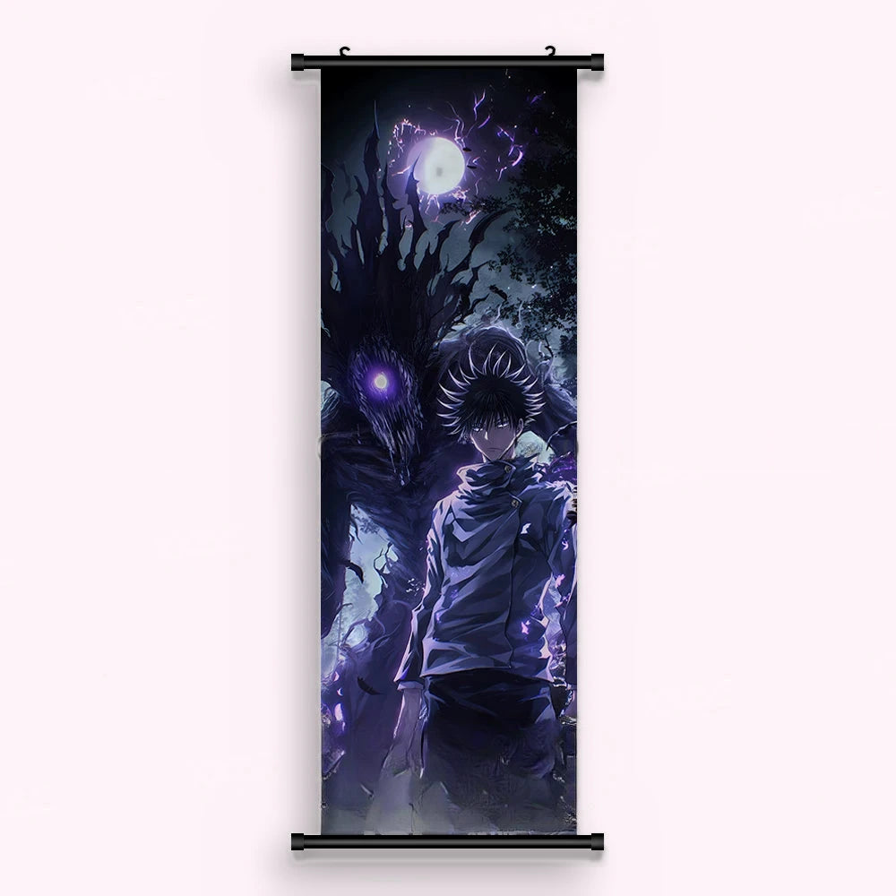 Kakémono Jujutsu Kaisen Megumi Fushiguro devant une ombre géante, sous la pleine lune, vu de face : toile imprimée tendue entre ses deux baguettes de bois, cordon de suspension fourni