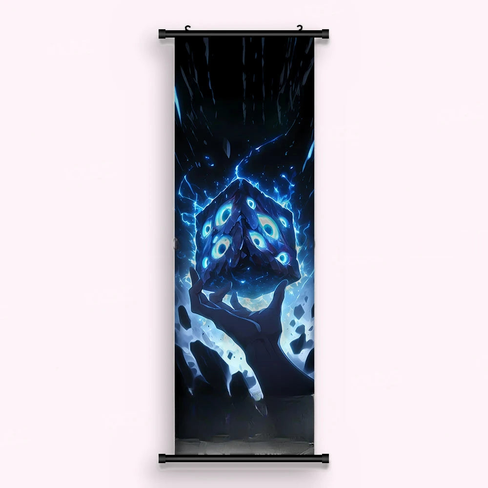 Kakémono Jujutsu Kaisen un shikigami d'ombre aux multiples yeux bleus, surgissant d'une main, vu de face : toile imprimée tendue entre ses deux baguettes de bois, cordon de suspension fourni