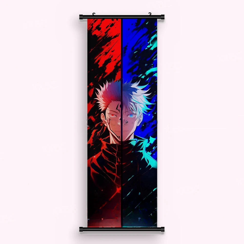 Kakémono Jujutsu Kaisen Sukuna en rouge et Satoru Gojo en bleu, face à face, vu de face : toile imprimée tendue entre ses deux baguettes de bois, cordon de suspension fourni