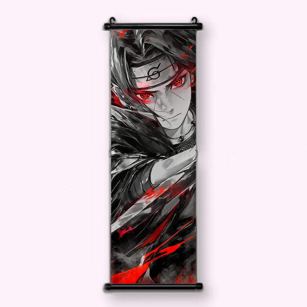 Kakémono Naruto, Itachi le bandeau rayé, regard écarlate et éclats rouges, vu de face : toile tendue entre ses deux baguettes de bois, cordon de suspension fourni
