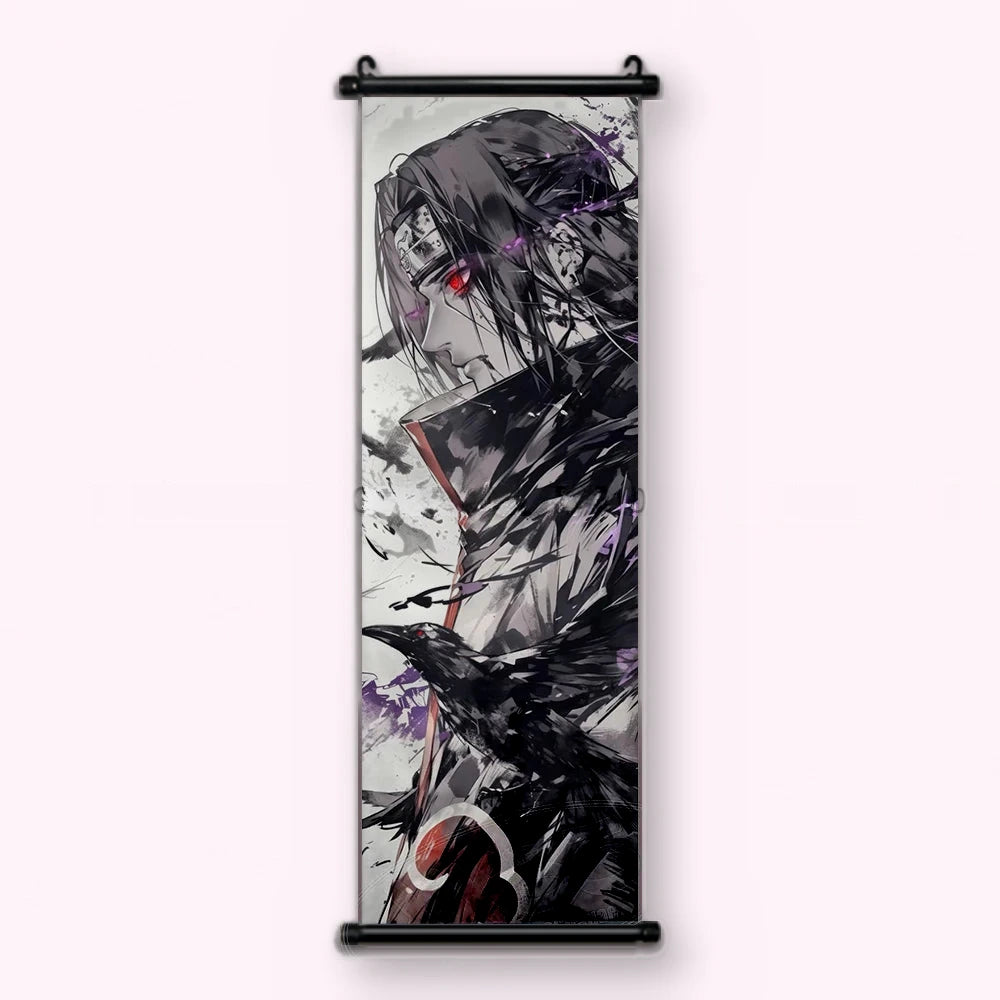 Kakémono Naruto, Itachi de profil, un corbeau perché au premier plan, vu de face : toile tendue entre ses deux baguettes de bois, cordon de suspension fourni