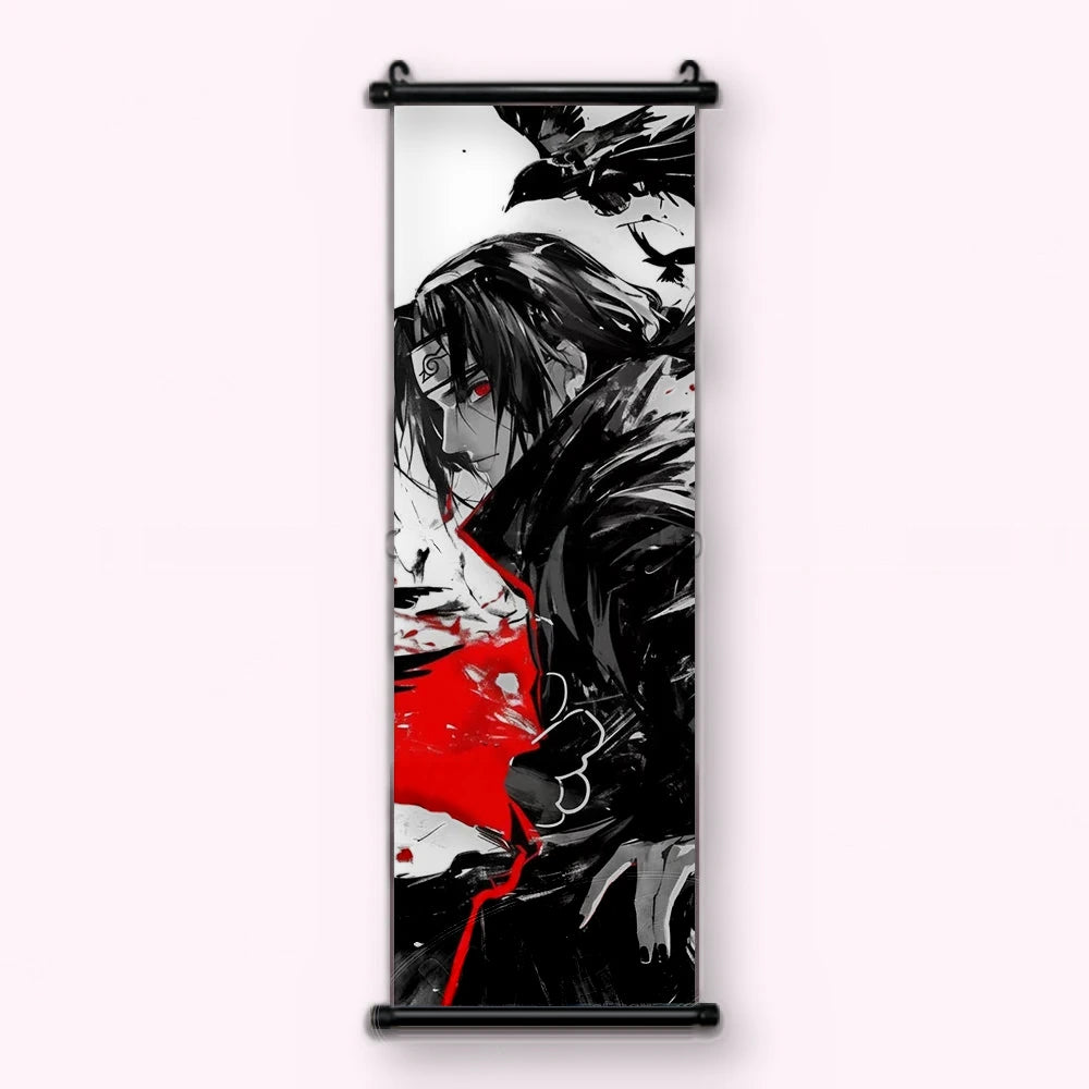 Kakémono Naruto, Itachi entouré de corbeaux, une coulée rouge dans le bas, vu de face : toile tendue entre ses deux baguettes de bois, cordon de suspension fourni