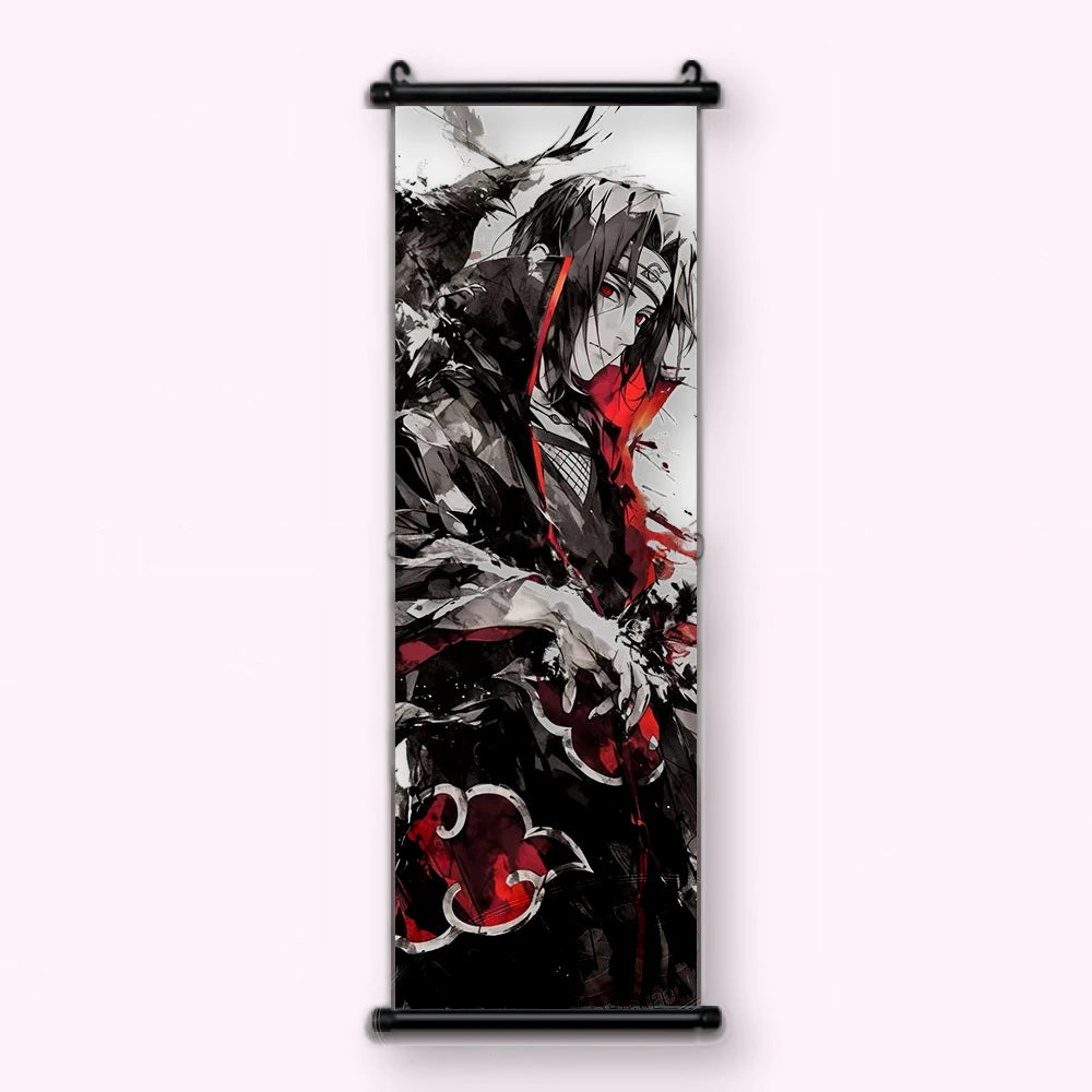 Kakémono Naruto, Itachi en manteau à nuages rouges, regard écarlate, vu de face : toile tendue entre ses deux baguettes de bois, cordon de suspension fourni