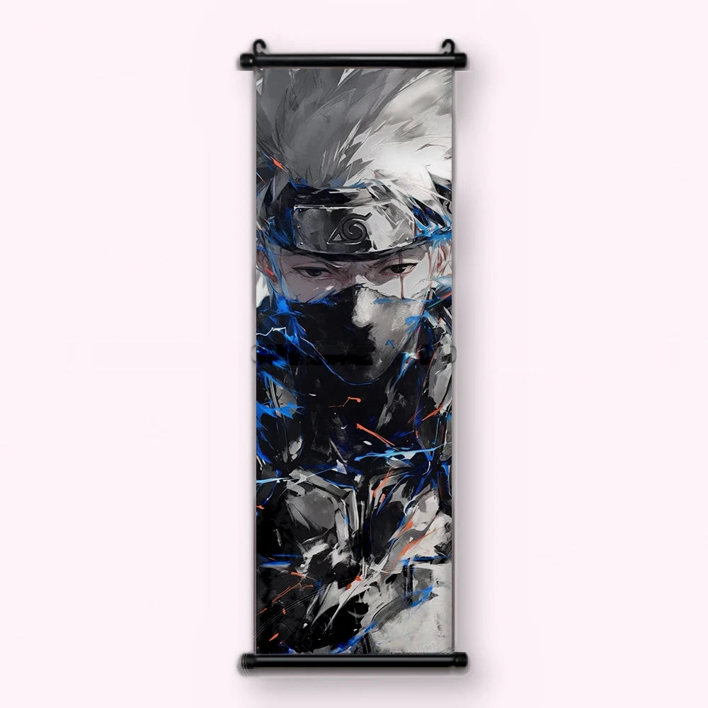 Kakémono Naruto, Kakashi de face, éclairs bleus et orangés autour du buste, vu de face : toile tendue entre ses deux baguettes de bois, cordon de suspension fourni