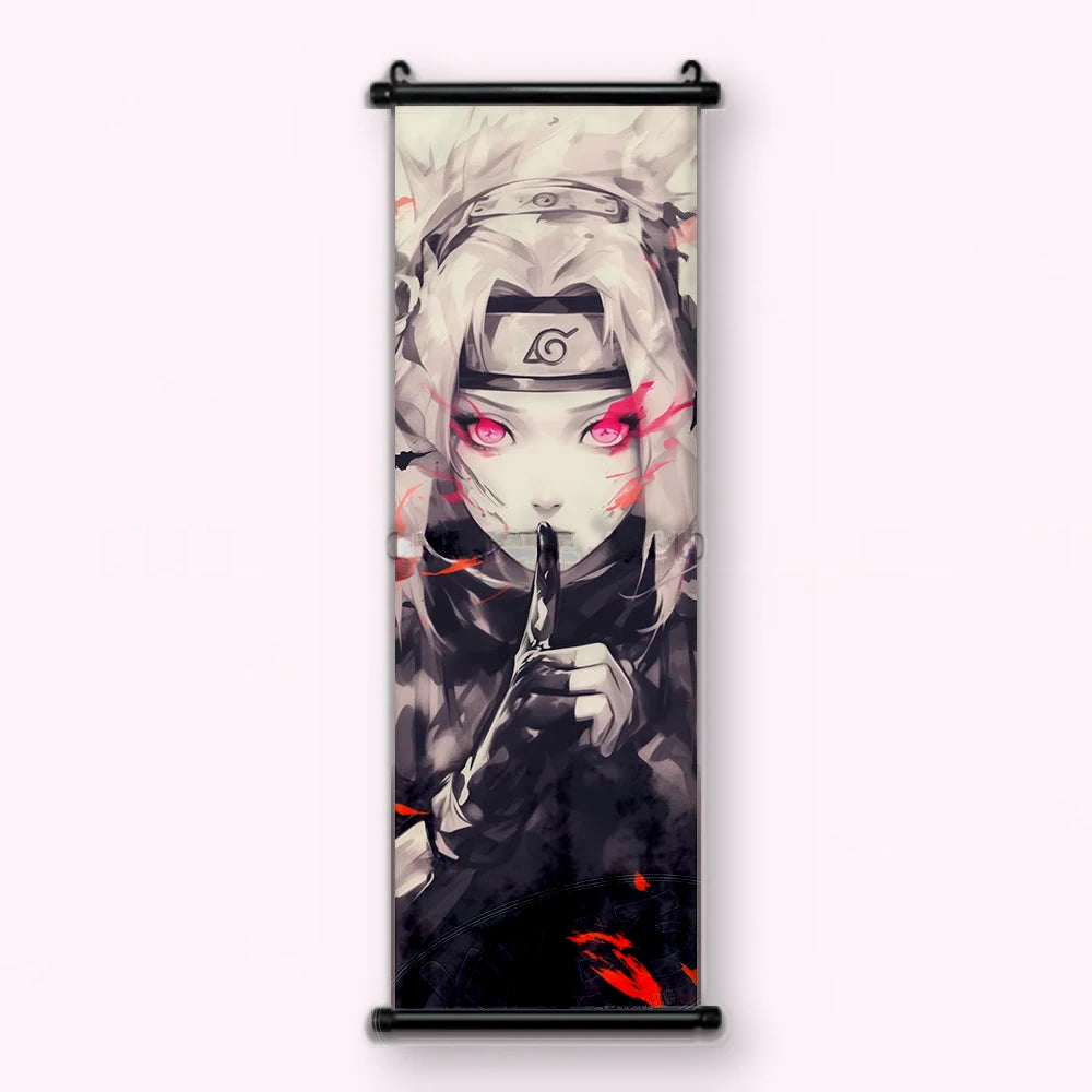 Kakémono Naruto, une kunoichi au bandeau de Konoha, le doigt sur les lèvres, vu de face : toile tendue entre ses deux baguettes de bois, cordon de suspension fourni