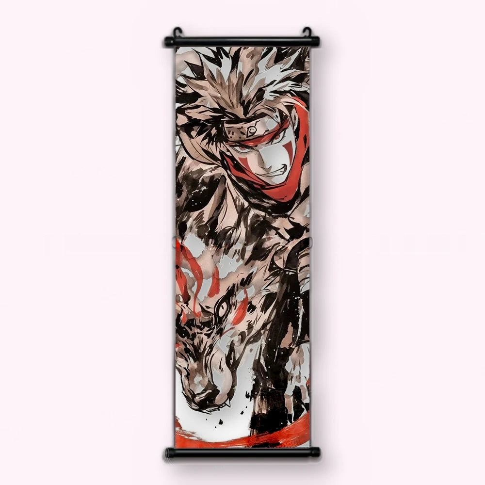 Kakémono Naruto, Naruto criant, la silhouette du renard à neuf queues derrière lui, vu de face : toile tendue entre ses deux baguettes de bois, cordon de suspension fourni