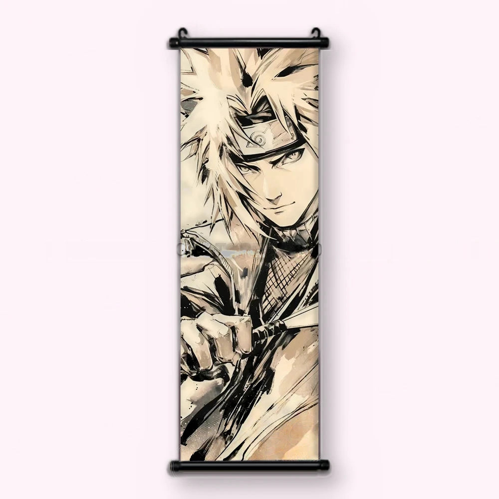 Kakémono Naruto, Naruto de trois quarts, bandeau de Konoha, sur fond crème, vu de face : toile tendue entre ses deux baguettes de bois, cordon de suspension fourni