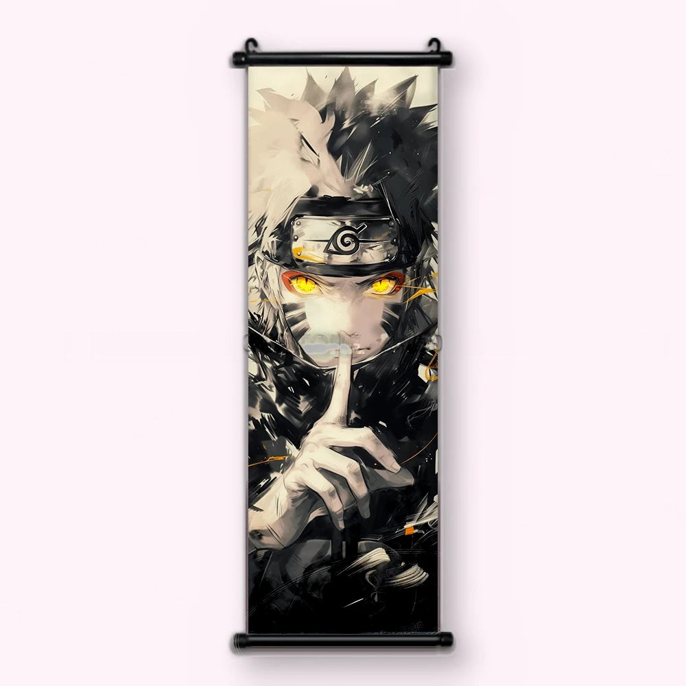 Kakémono Naruto, Naruto le doigt sur les lèvres, les yeux dorés, vu de face : toile tendue entre ses deux baguettes de bois, cordon de suspension fourni