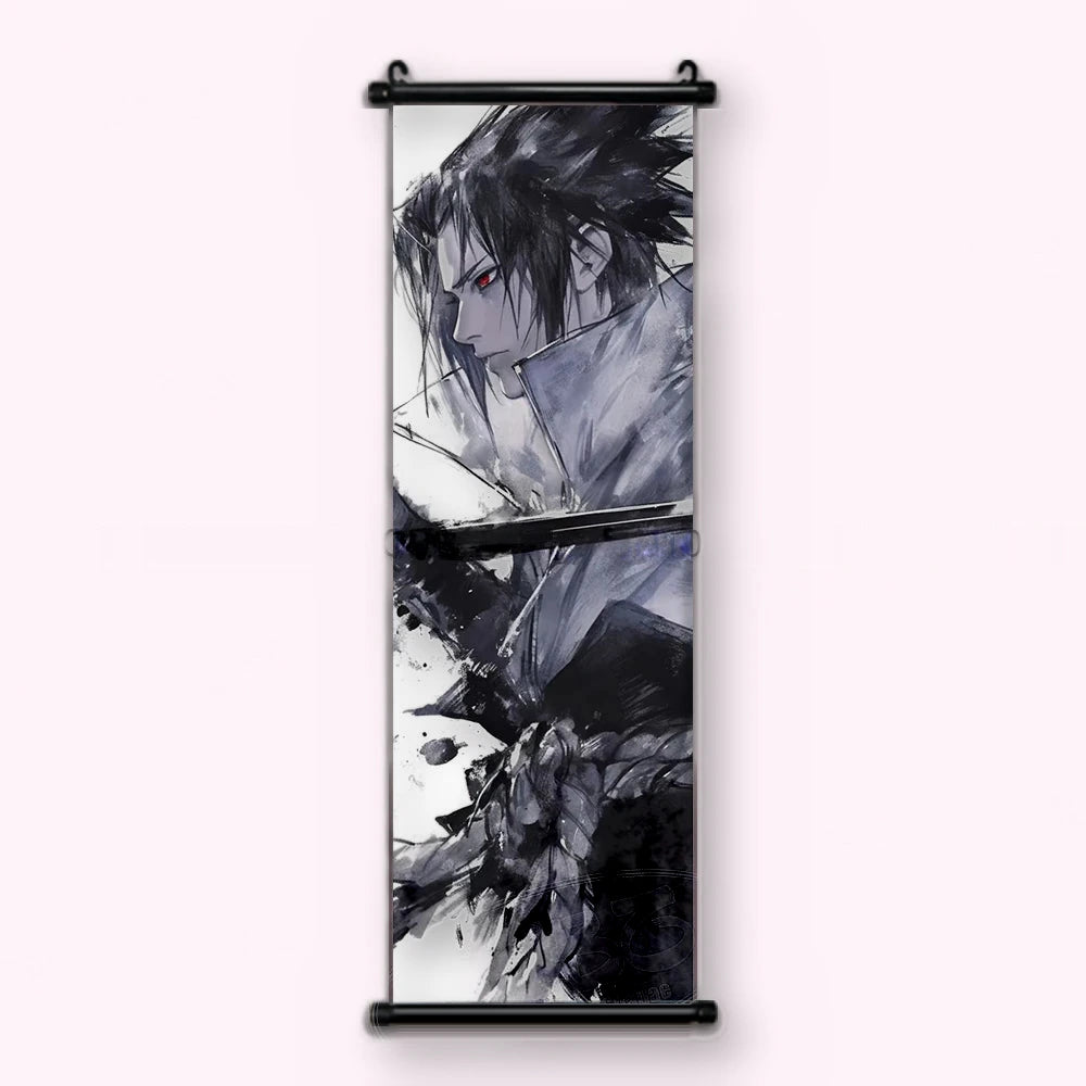 Kakémono Naruto, Sasuke de profil, katana dégainé en travers de l'image, vu de face : toile tendue entre ses deux baguettes de bois, cordon de suspension fourni
