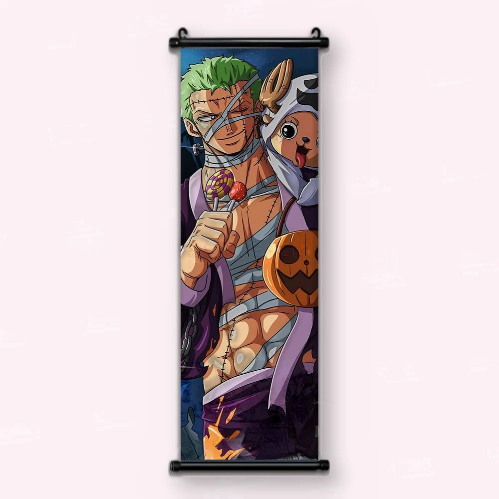 Zoro bandé tenant deux sucettes au poing près d'un petit renne costumé, kakémono vu de face