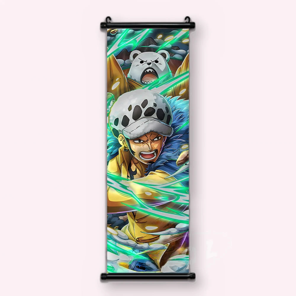 Trafalgar Law au bonnet blanc tacheté, ours blanc derrière, traits verts vifs, kakémono vu de face