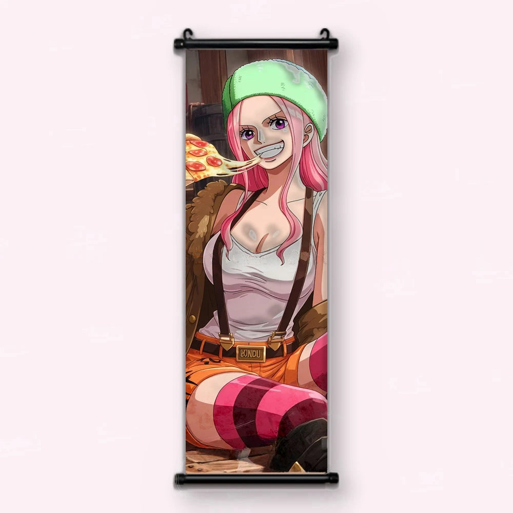 femme aux cheveux roses et bonnet vert mangeant une pizza devant un fond de bois, kakémono vu de face