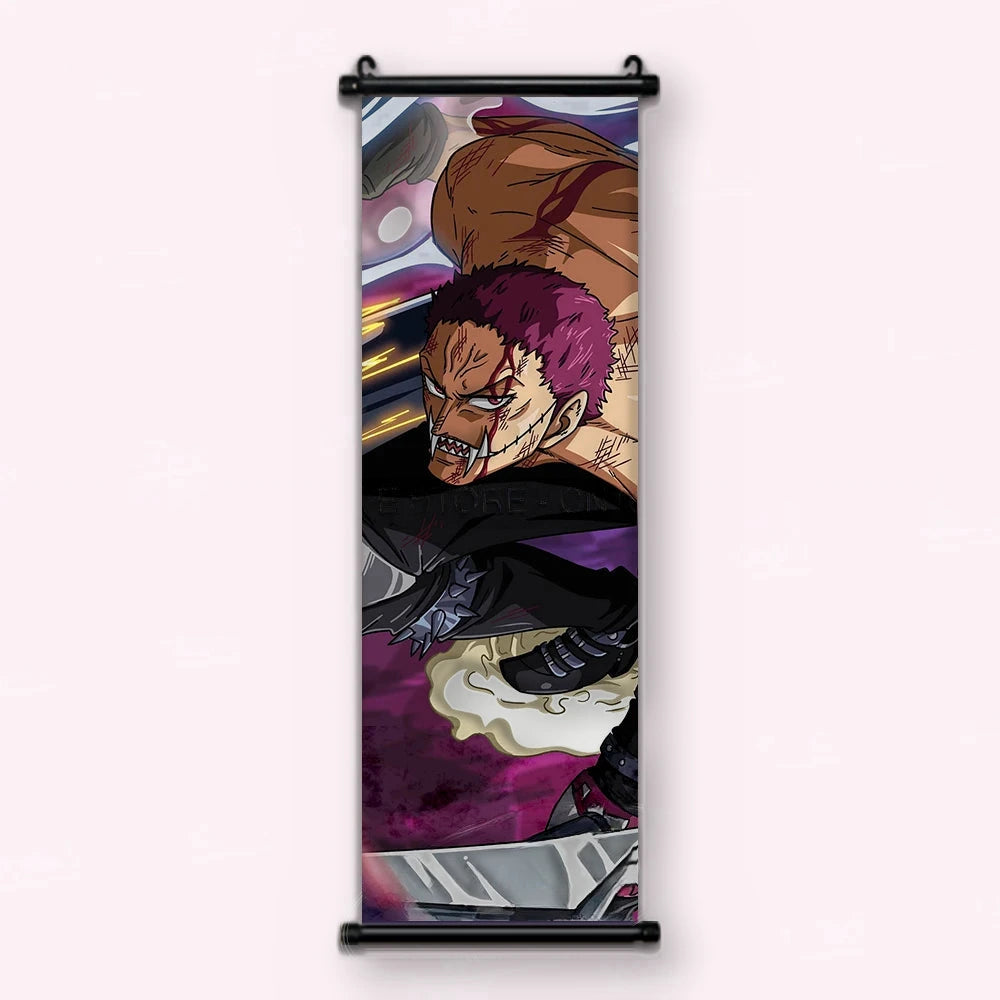 gros plan de Katakuri, cheveux magenta et bouche fendue aux dents pointues, kakémono vu de face
