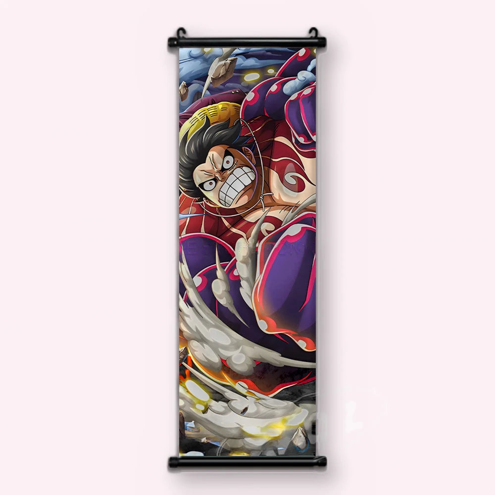 gros plan de Luffy dents serrées, bras rouge et violet à motifs blancs, kakémono vu de face