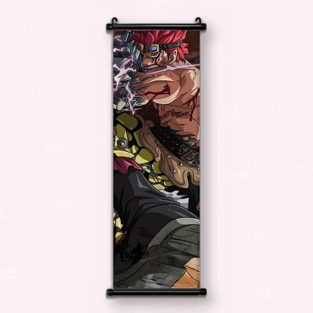 Eustass Kid torse nu, bras mécanique et lunettes relevées, éclairs blancs, kakémono vu de face