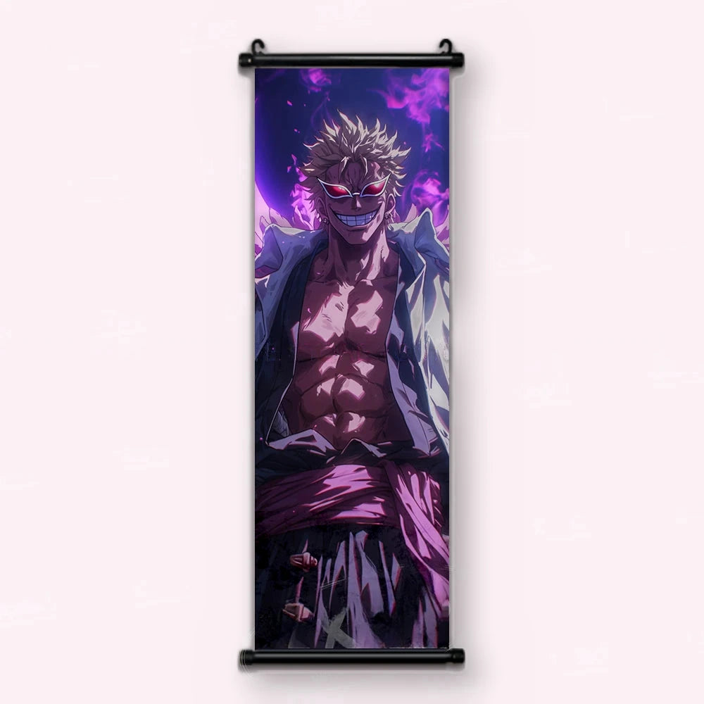 Doflamingo de face, lunettes à verres rouges et manteau ouvert dans une brume violette, kakémono vu de face