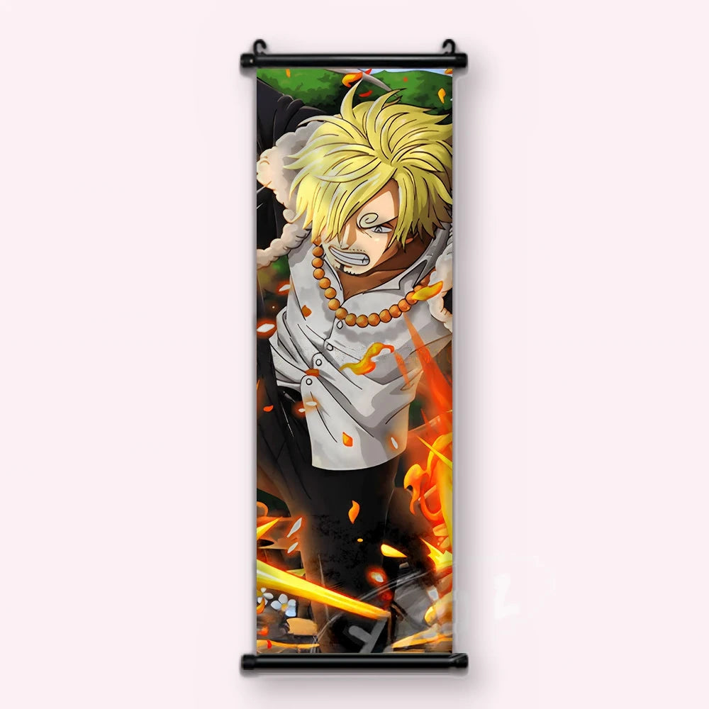 Sanji en chemise claire ouverte, collier orange, flammes devant un feuillage vert, kakémono vu de face