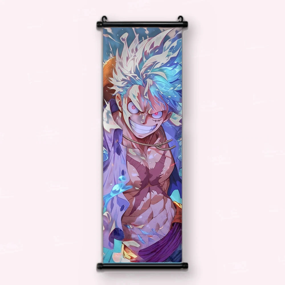 Luffy riant, cheveux blancs et turquoise, torse nu, corde en travers des clavicules, kakémono vu de face