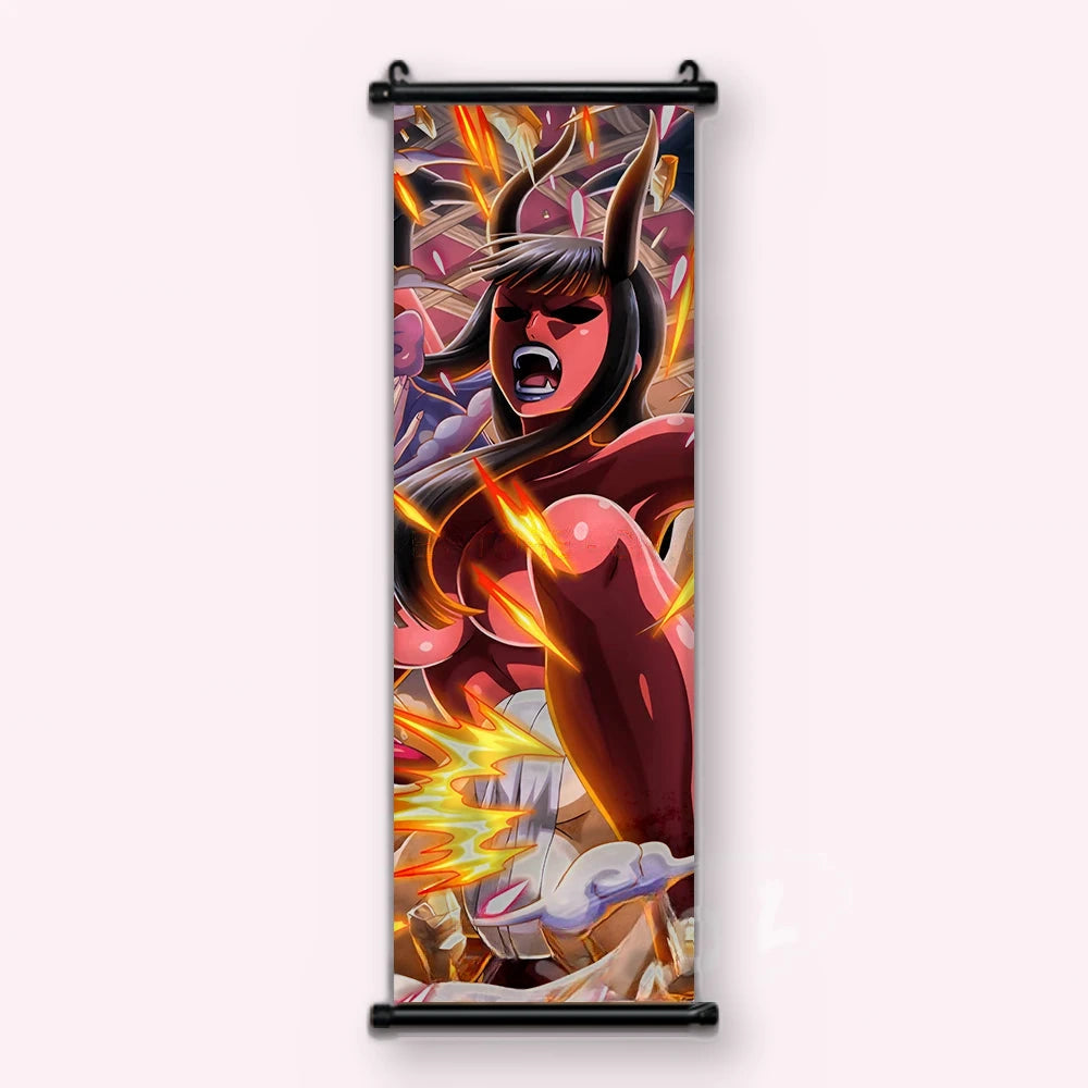 femme à cornes noires criant, pattes roses mouchetées, poutres brisées sur mur mauve, kakémono vu de face