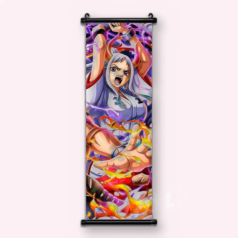 femme cornue aux cheveux blancs, bras levés, flammes orange et éclairs violets, kakémono vu de face