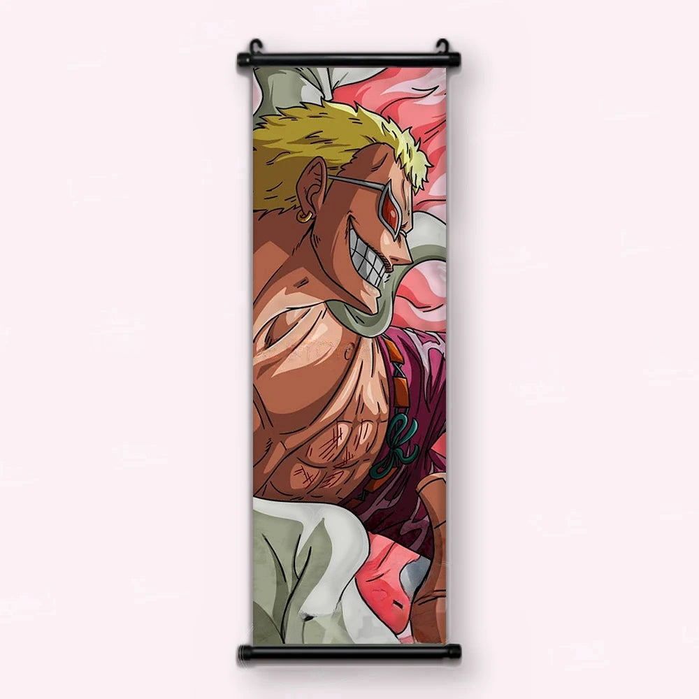 Doflamingo riant, lunettes à verres rouges, chemise magenta, plumes roses derrière, kakémono vu de face