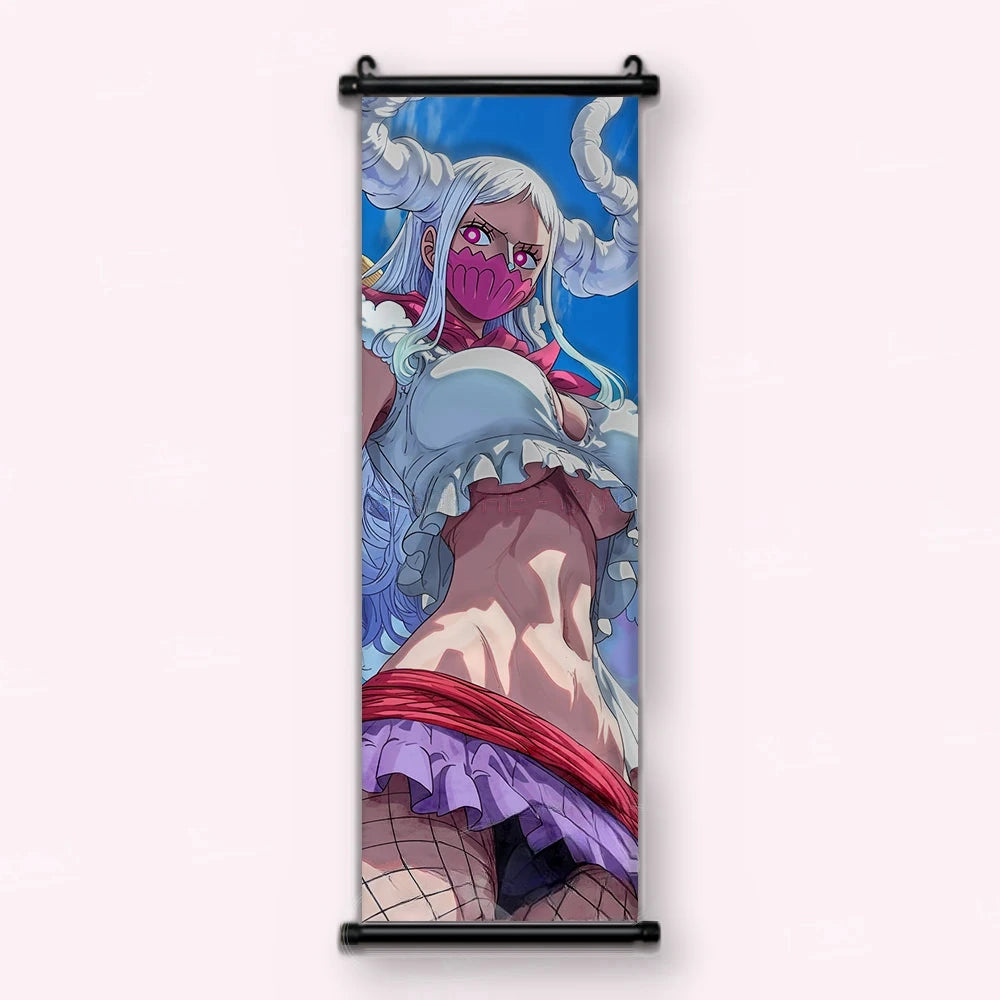 jeune femme cornue aux cheveux blancs, masque rose, jupe violette, ciel bleu, kakémono vu de face