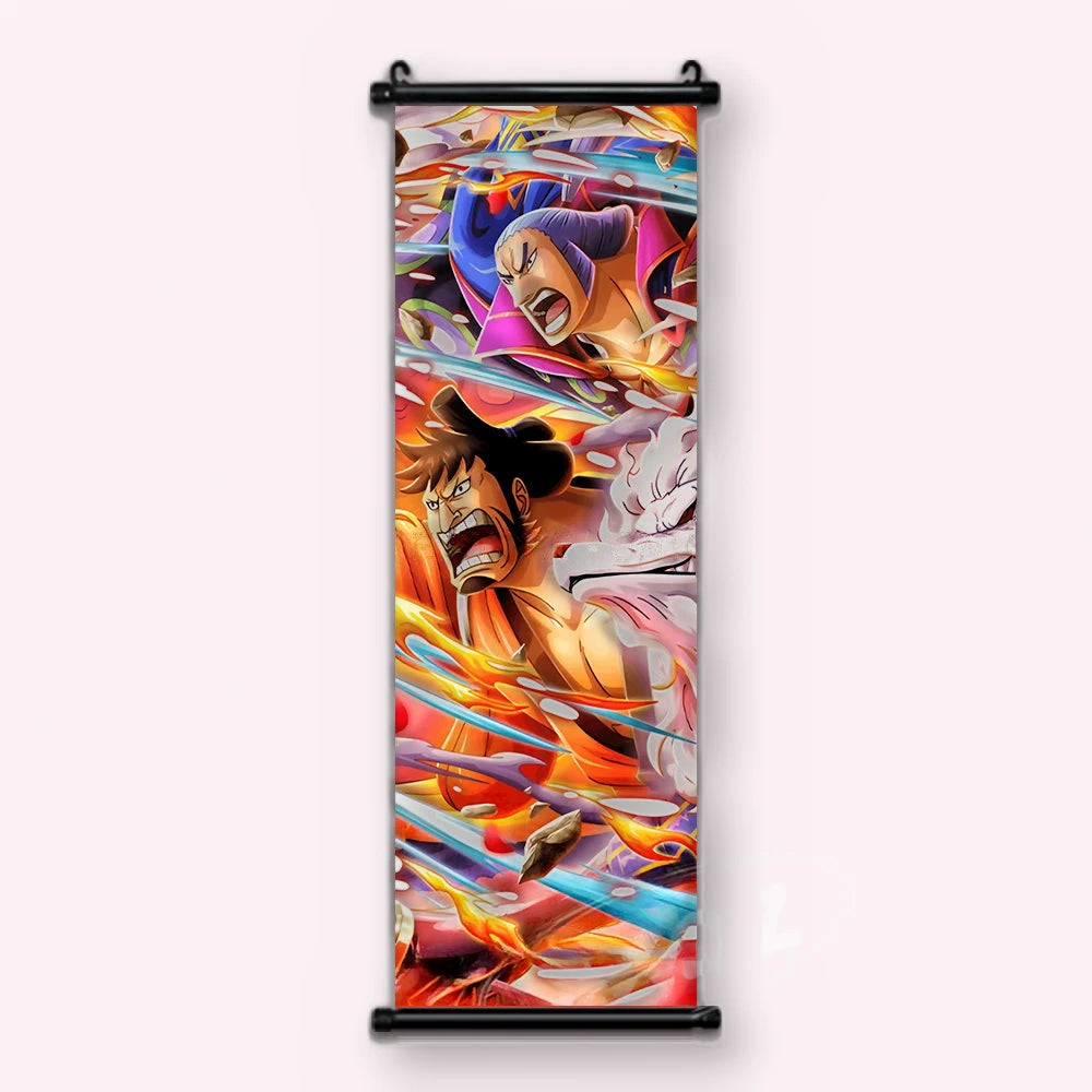 deux hommes criant, cheveux violets et kimono orange, sur un fond orange saturé, kakémono vu de face