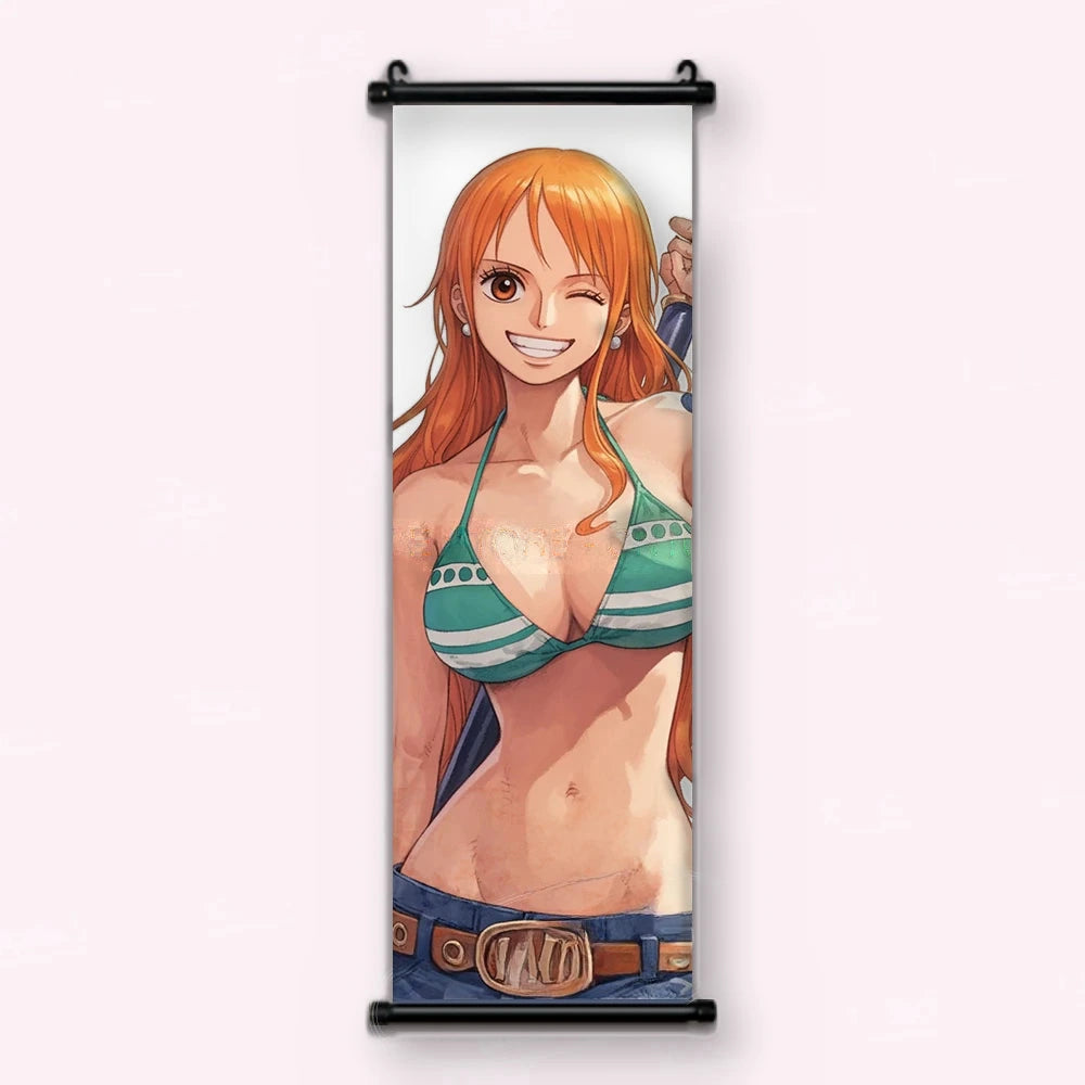 Nami en buste, clin d'œil, bikini rayé vert et blanc sur fond blanc, kakémono vu de face