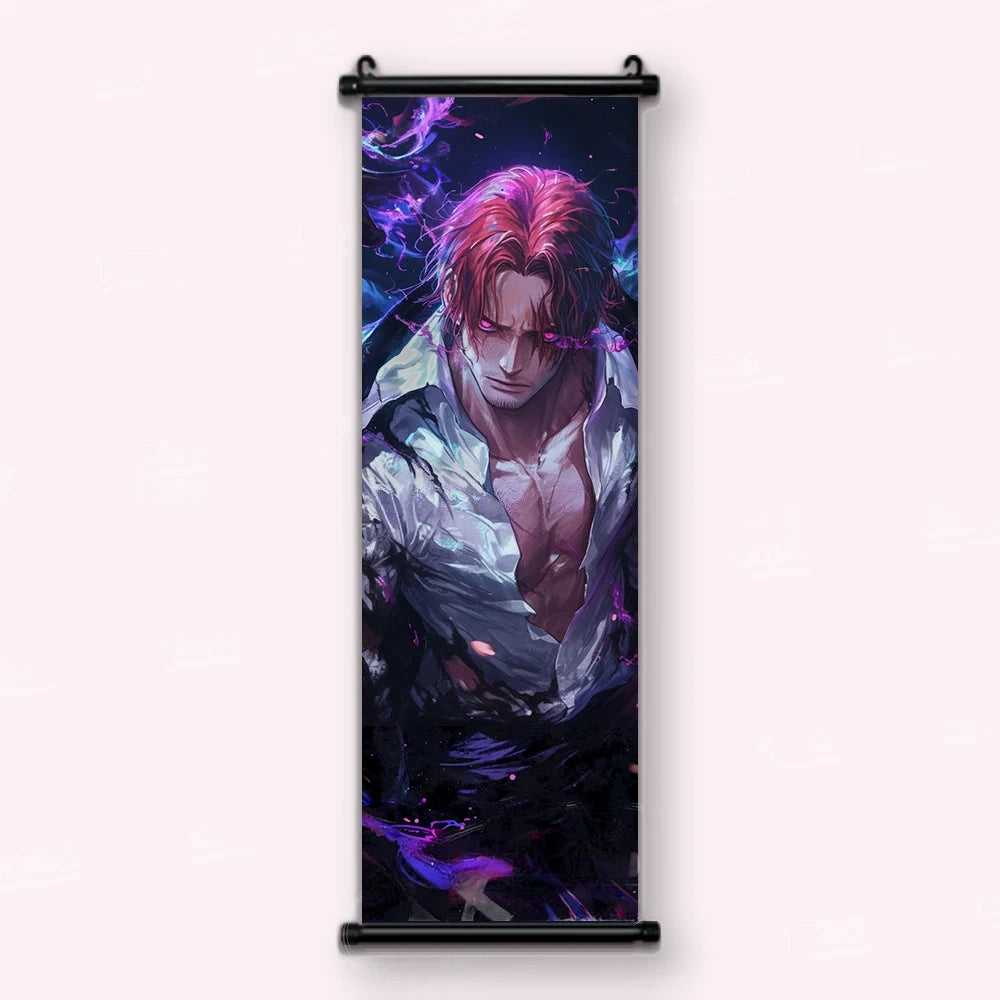 homme aux cheveux rouges, regard violet, chemise blanche ouverte et cape noire, kakémono vu de face
