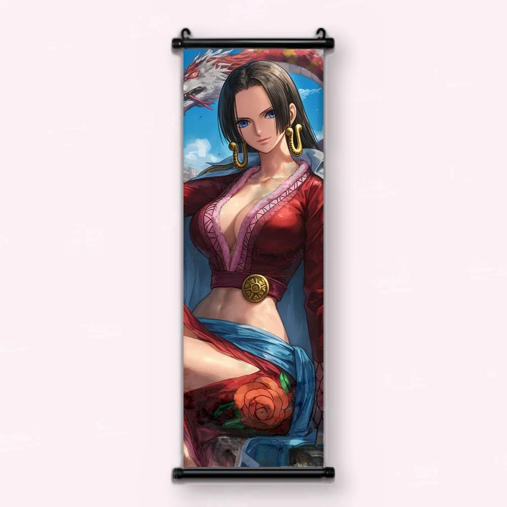Boa Hancock en robe rouge, boucles dorées, dragon blanc à crinière rouge derrière, kakémono vu de face