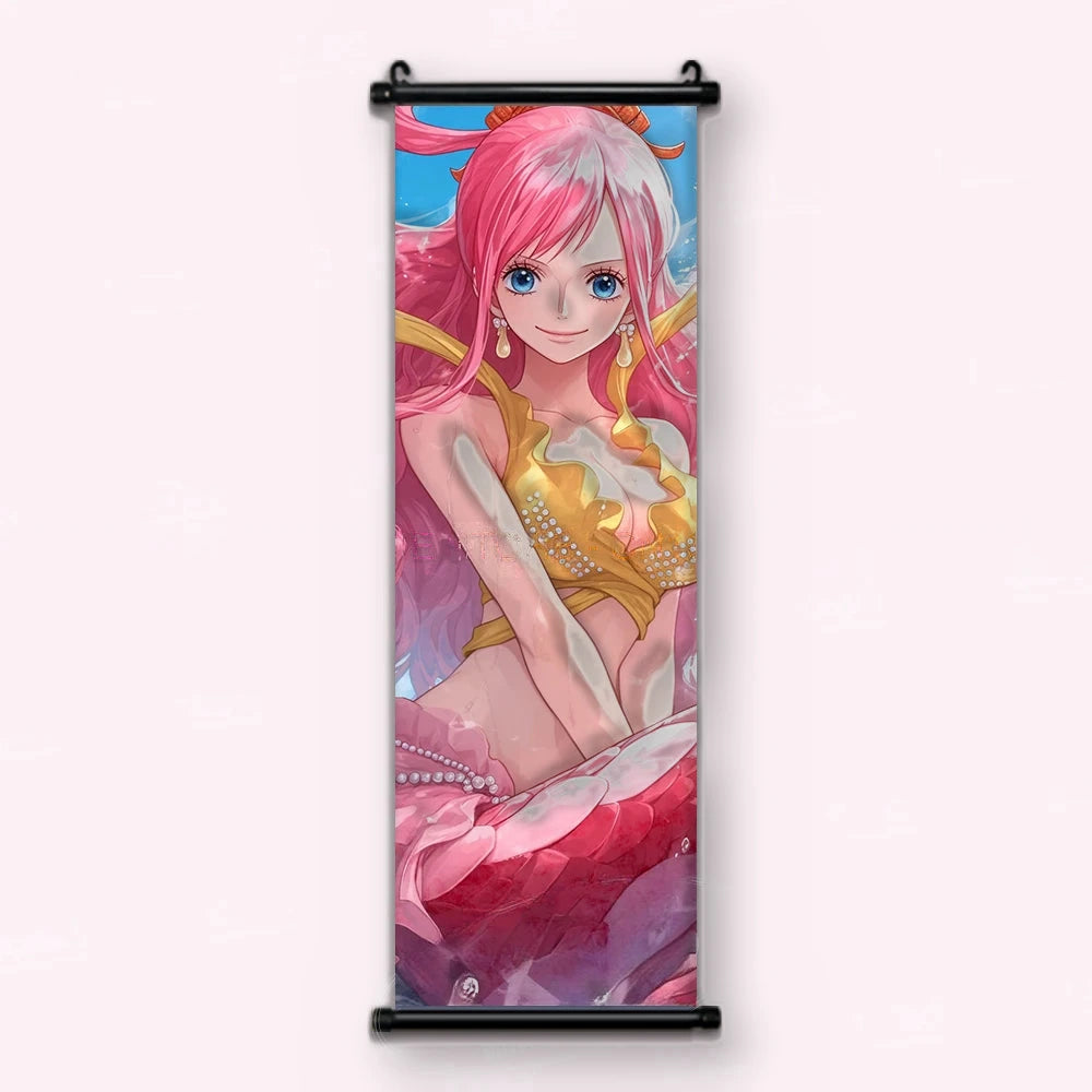 sirène aux longs cheveux roses, bustier jaune perlé, queue écaillée rose, kakémono vu de face