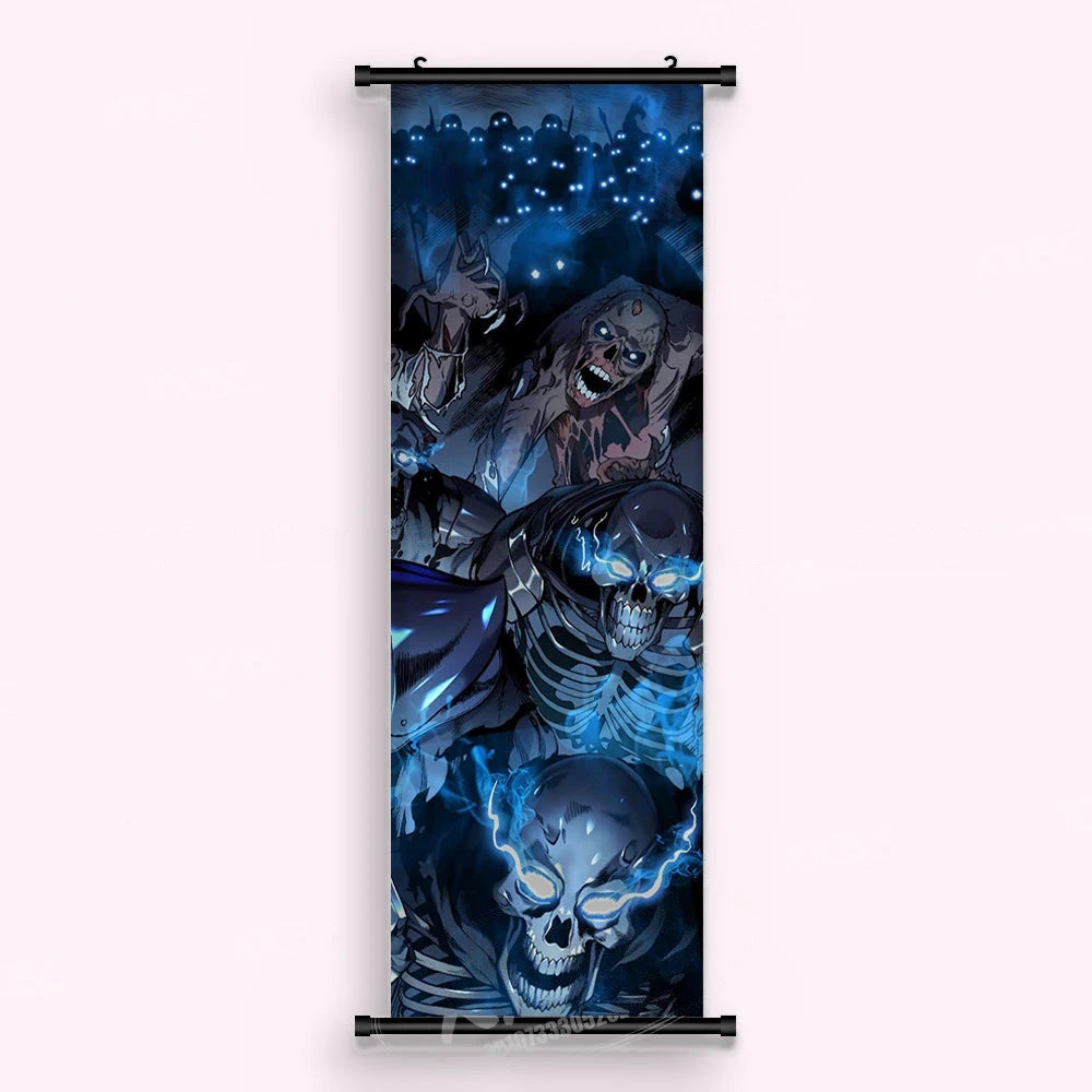 Kakémono Solo Leveling, l'armée des ombres empilée sur toute la hauteur, crânes casqués et yeux bleus, vu de face : toile tendue entre ses deux baguettes de bois, cordon de suspension fourni