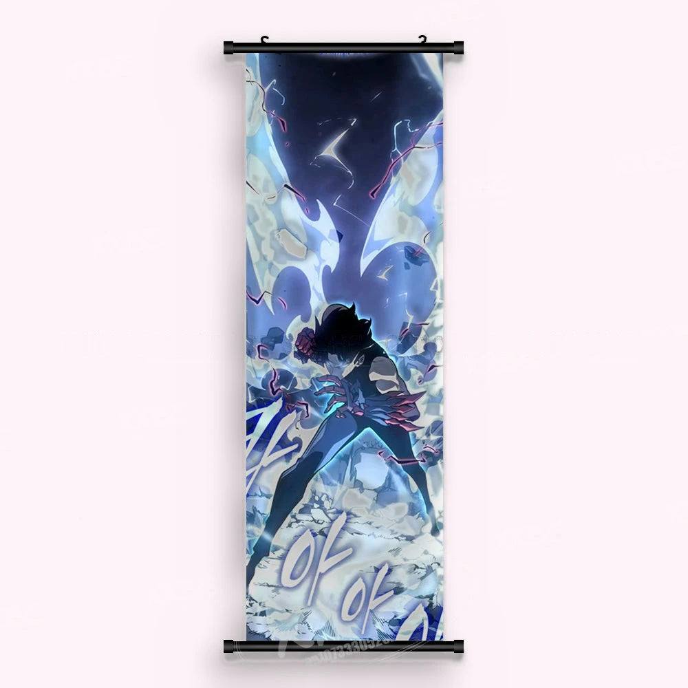 Kakémono Solo Leveling, Sung Jinwoo renversé en arrière au milieu d'éclats de glace bleue et blanche, vu de face : toile tendue entre ses deux baguettes de bois, cordon de suspension fourni