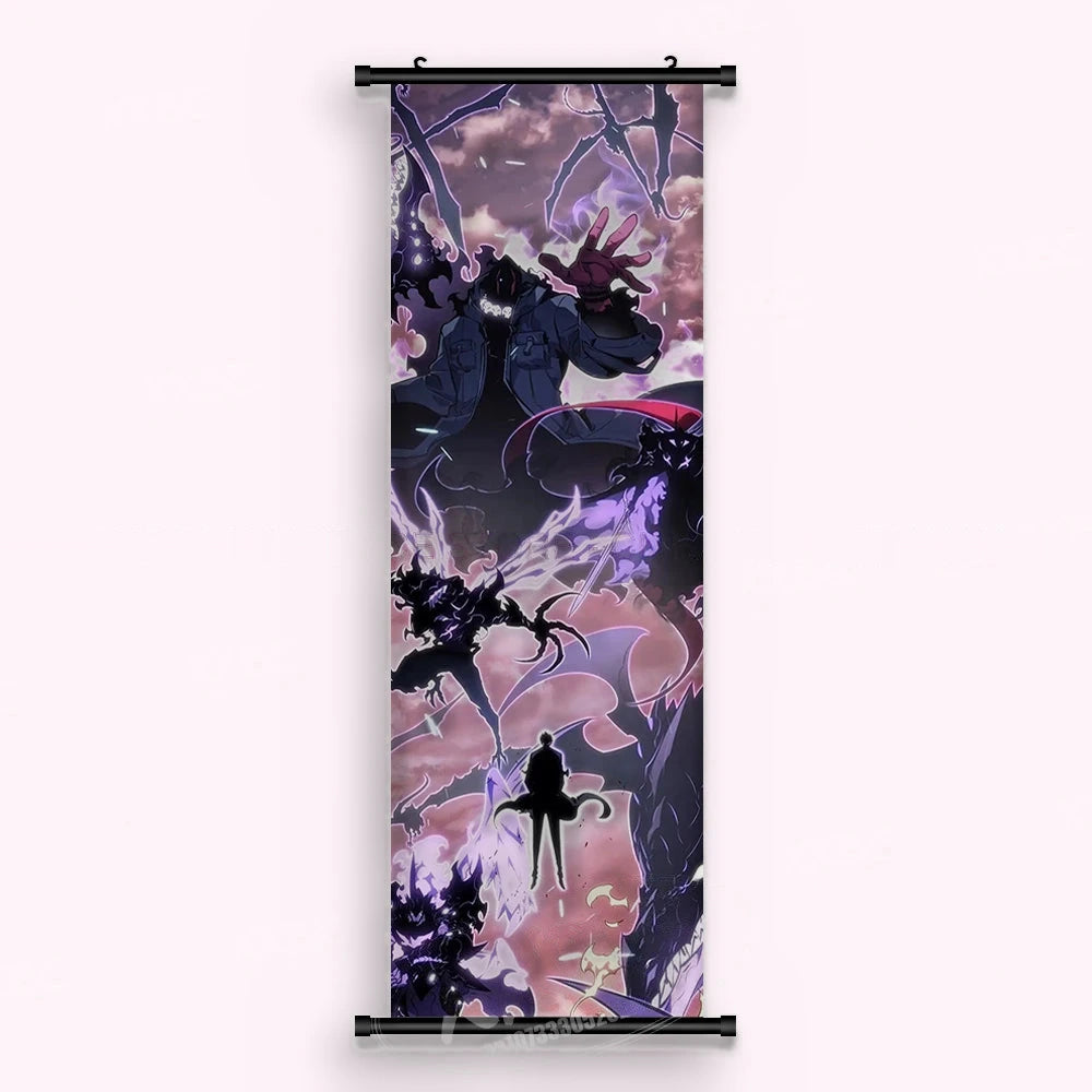 Kakémono Solo Leveling, plusieurs affrontements de soldats d'ombre sous un ciel rose et gris, vu de face : toile tendue entre ses deux baguettes de bois, cordon de suspension fourni