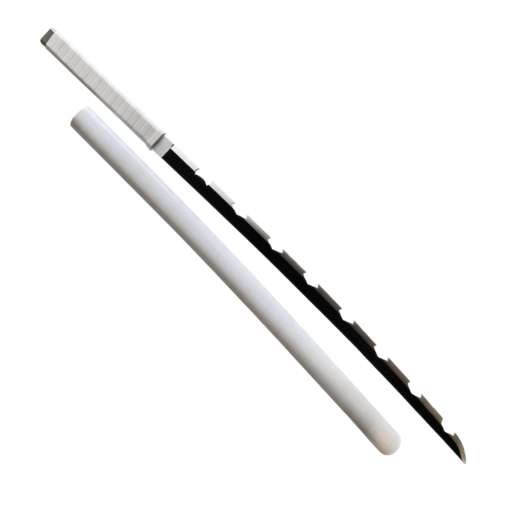 Katana d'Inosuke Hashibira détouré sur fond blanc, lame dentelée noire et poignée blanche