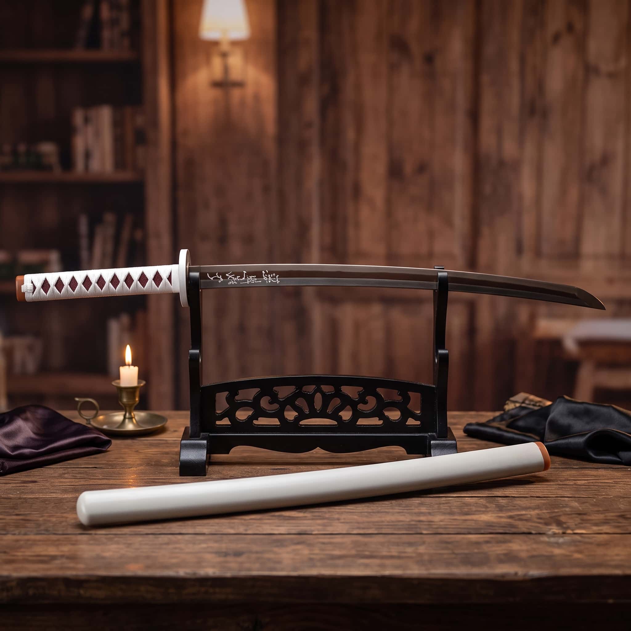 Réplique du katana de Kanao Tsuyuri de Demon Slayer, lame sombre gravée de kanji, poignée blanche à losanges bordeaux et tsuba ronde blanche, sur un présentoir noir